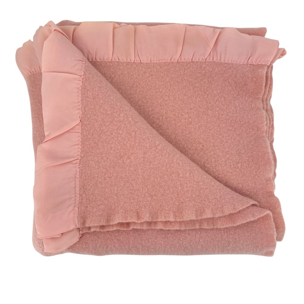 Vintage Wool Blend Blanket Pink Satin Trim 70 x 72 Heavy Warm Throw